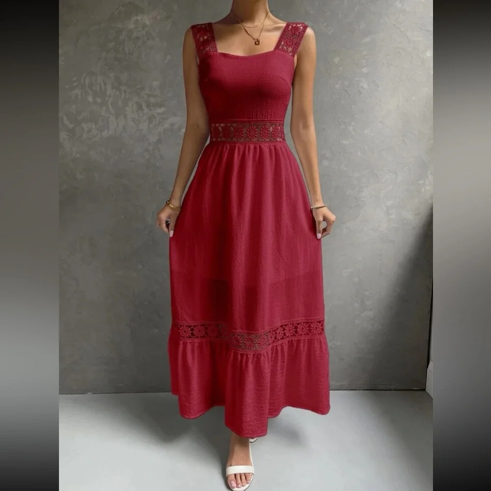 Boho red lace insert ruffle hem maxi dress